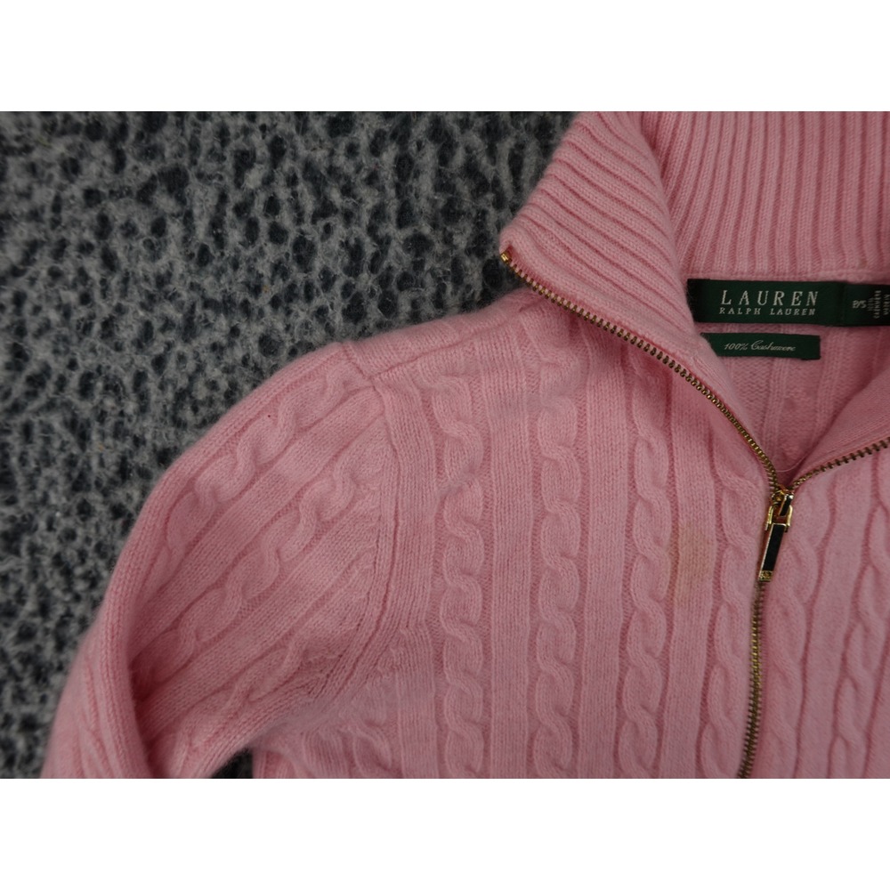 Lauren Ralph Full Zip Sweater Womens Petite Small Pink Cashmere Cable Knit - Picture 2 of 13